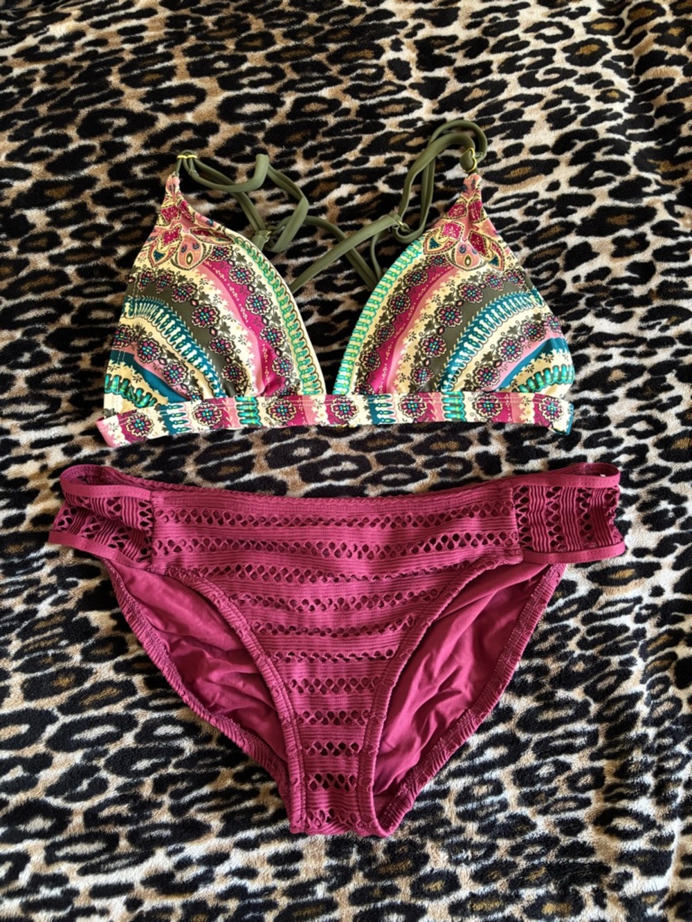 Multicolor Pattern Triangle Bikini Top with Maroon Bottoms